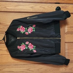 Black Bomber Jacket with Floral Embroidery